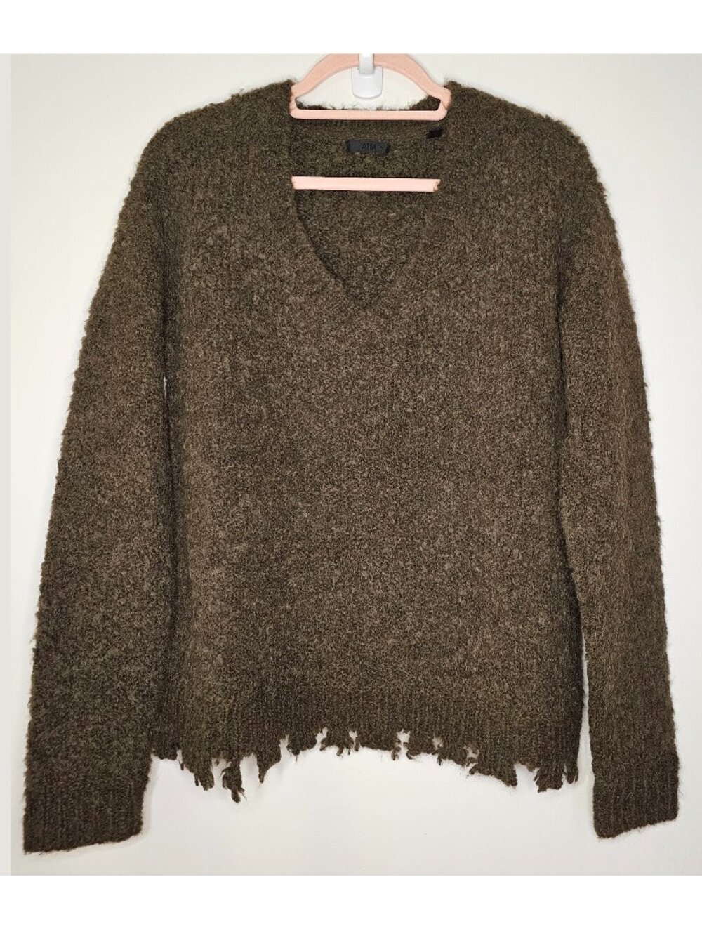 ATM Anthony Thomas Melillo Alpaca Merino Boucle Distressed Hem Sweater S Olive